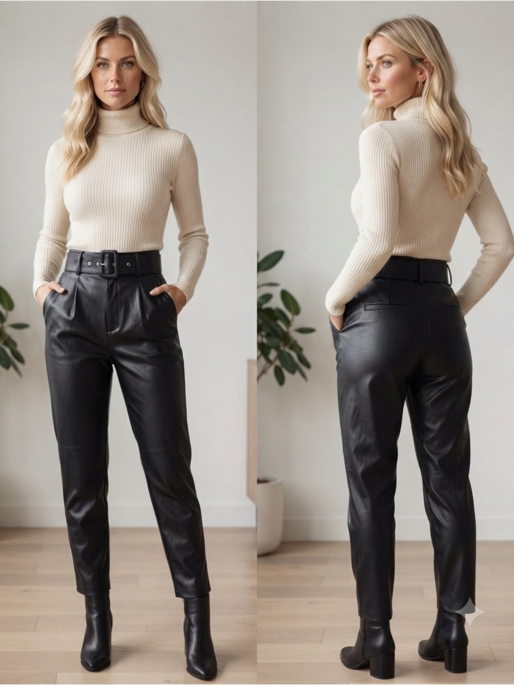 Zara Black Faux Leather Belted Pants - Size Small, Excellent Condition A5-040